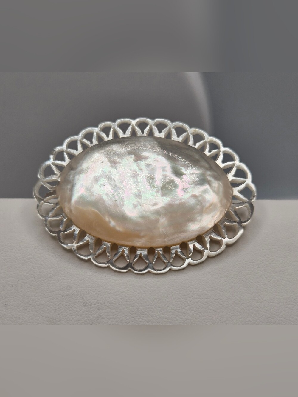 Antique Bethlehem Hand Carved Mother of Pearl Brooch Oval Vintage Pin